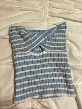 Striped Blue and White Women's Ribbed Sweater Top